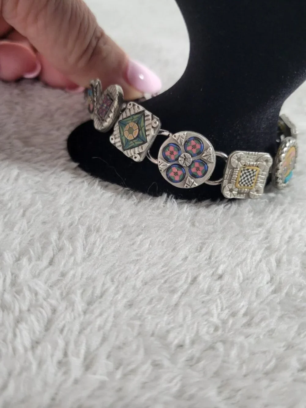 Vintage Artisan Polymer Clay Millefiori Link Bracelet Mixed Media Boho B16E